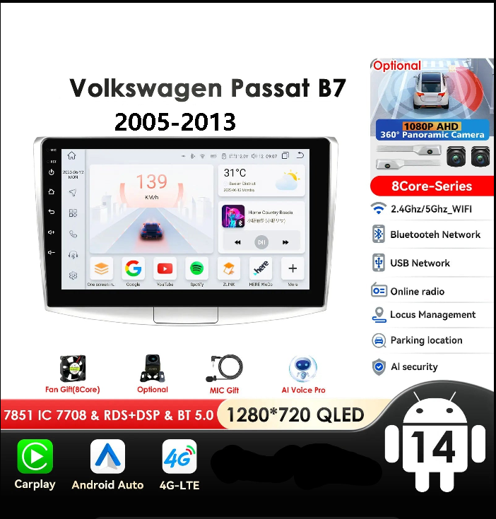 Volkswagen VW Passat B7 CC 2005-2013 10,1" Android 14 Carplay Android auto wireless wifi bt gps 4g AUTMBNJ2