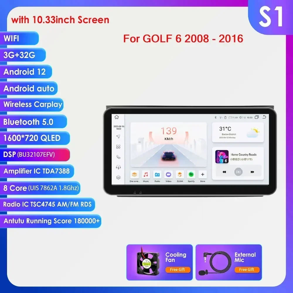 Volkswagen Golf 6 2008 - 2016 9" Android 14 Carplay Android auto wireless wifi bt gps 4g AUTM2L0X