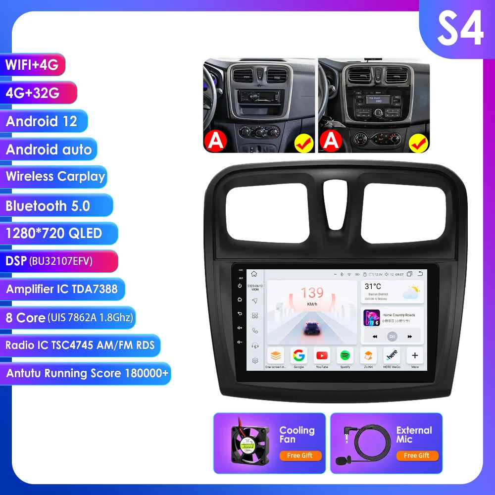 Dacia Logan 2 II Sandero 2 2012-2019 9" Android 14 Carplay Android auto wireless wifi bt gps 4g AUTMH2D9