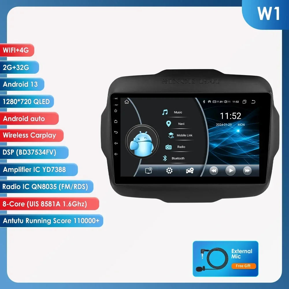 Jeep Renegade 2016-2020 9" Android 14 Carplay Android auto wireless wifi bt gps 4g AUTM7T02