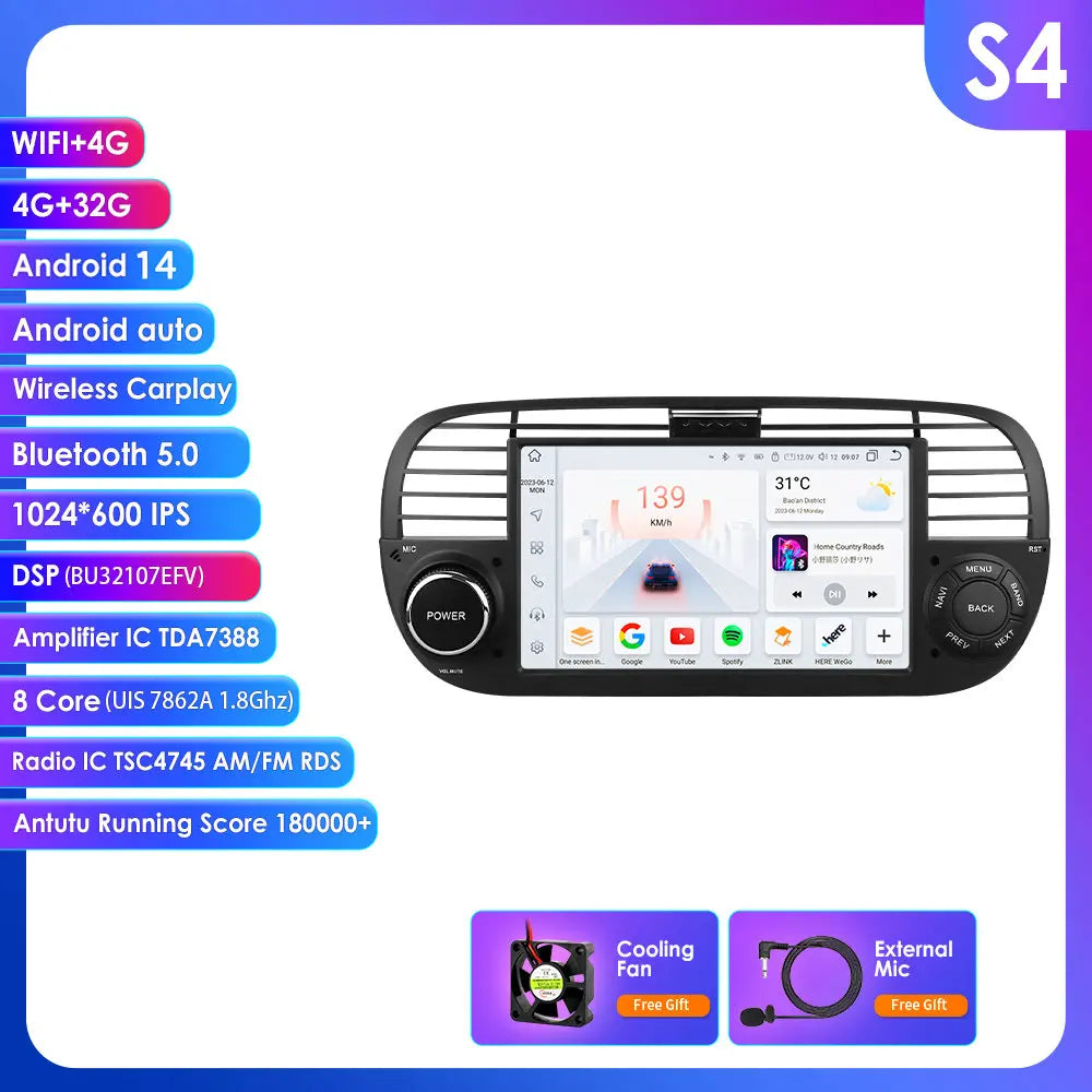 Fiat 500 2007 - 2015 7" Android 14 Carplay Android auto wireless wifi bt gps 4g AUTM7QGL