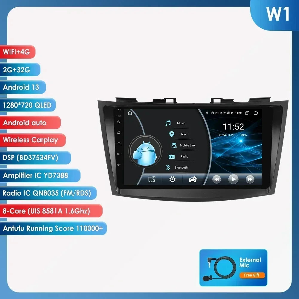 Suzuki Swift 4 2011-2015 9" Android 14 Carplay Android auto wireless wifi bt gps 4g AUTMSCNB
