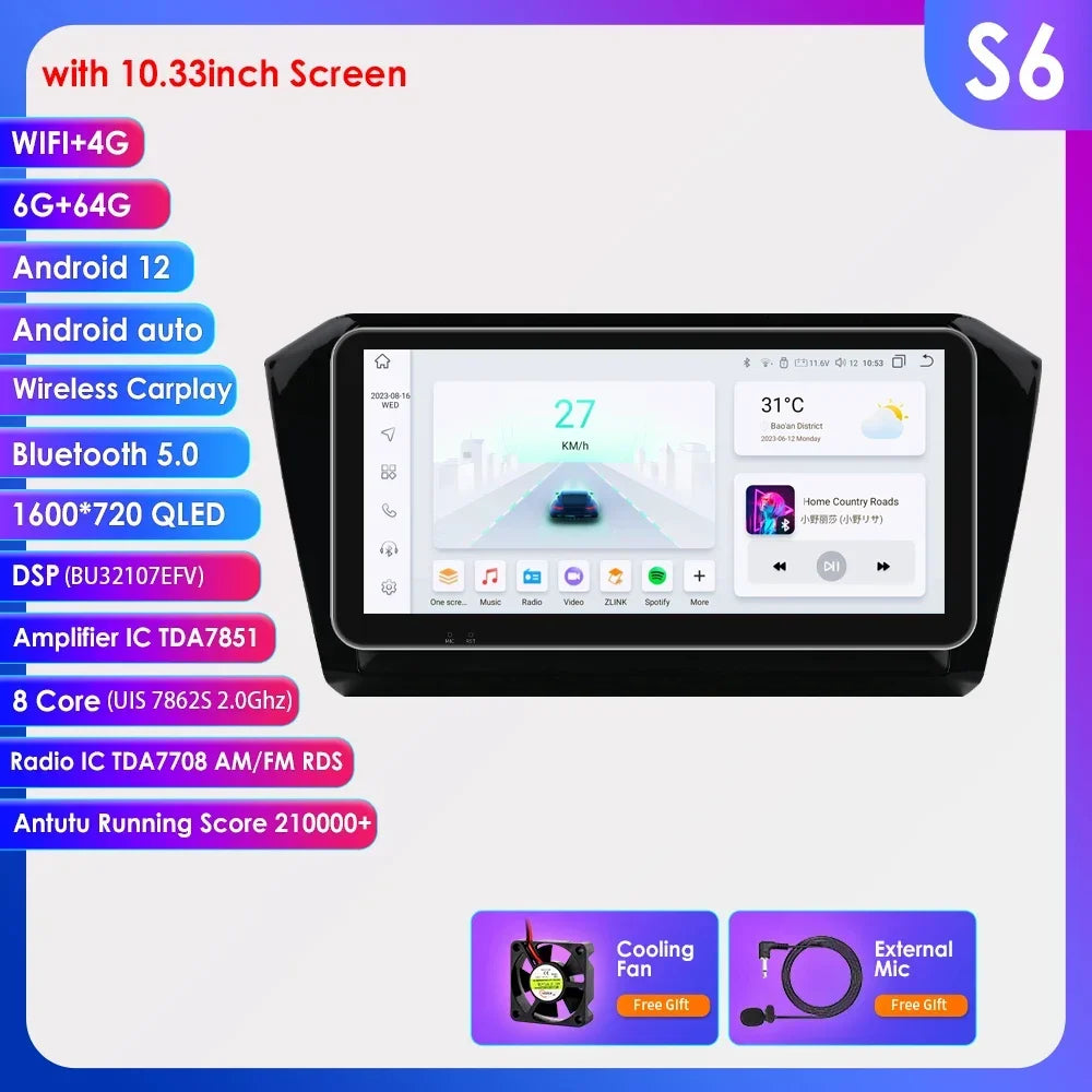 VW Passat B8 2014 -2023 10,1" Android 14 Carplay Android auto wireless wifi bt gps 4g AUTMP6CD