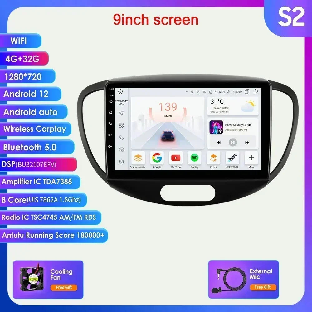 Hyundai I10 2007-2013 9"/10,33" Android 14 Carplay Android auto wireless wifi bt gps 4g AUTMMDSZ