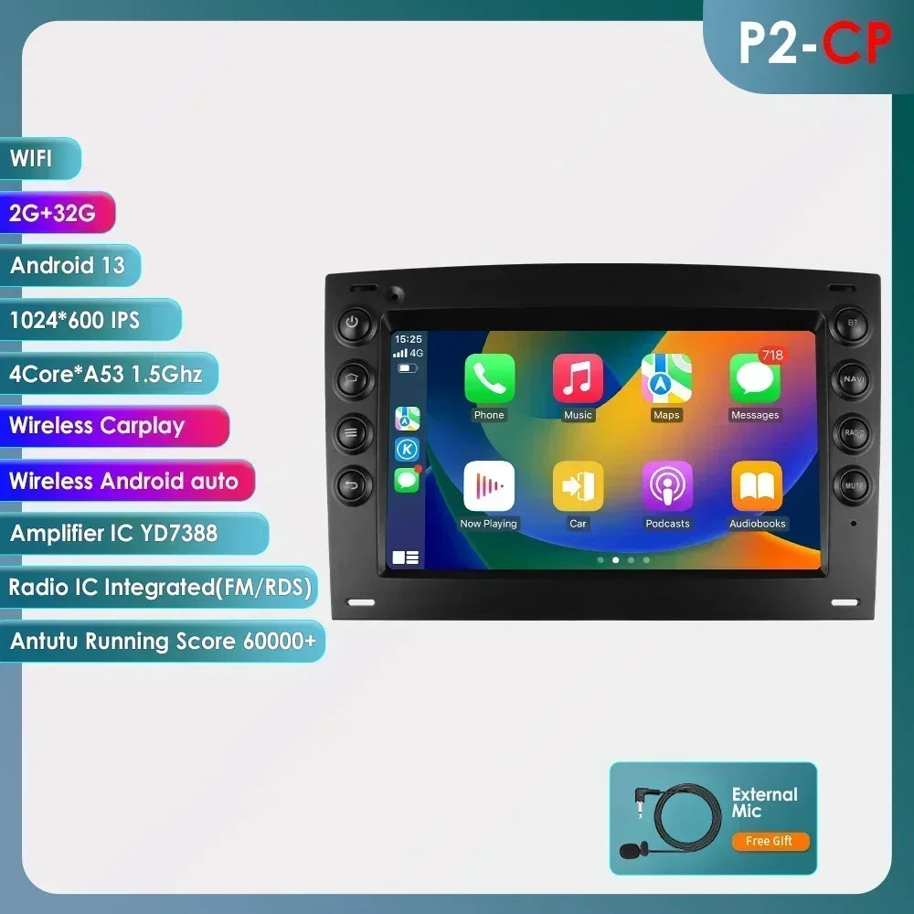 Renault Megane 2 2002-2009 7" Android 14 Carplay Android auto wireless wifi bt gps 4g AUTM6WAO