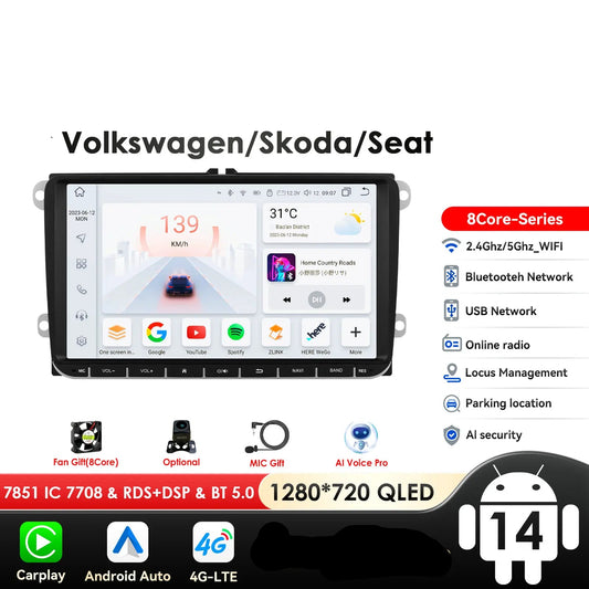VW/Volkswagen/Golf/Passat/b7/b6/Skoda/Seat/Octavia/Polo/Tiguan 9" Android 14 Carplay Android auto wireless wifi bt gps 4g AUTMZN4F