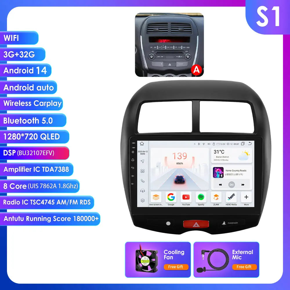 Mitsubishi ASX 1 2010 - 2018 9"Android 14 Carplay Android auto wireless wifi bt gps 4g RDS AUTMMTBSX
