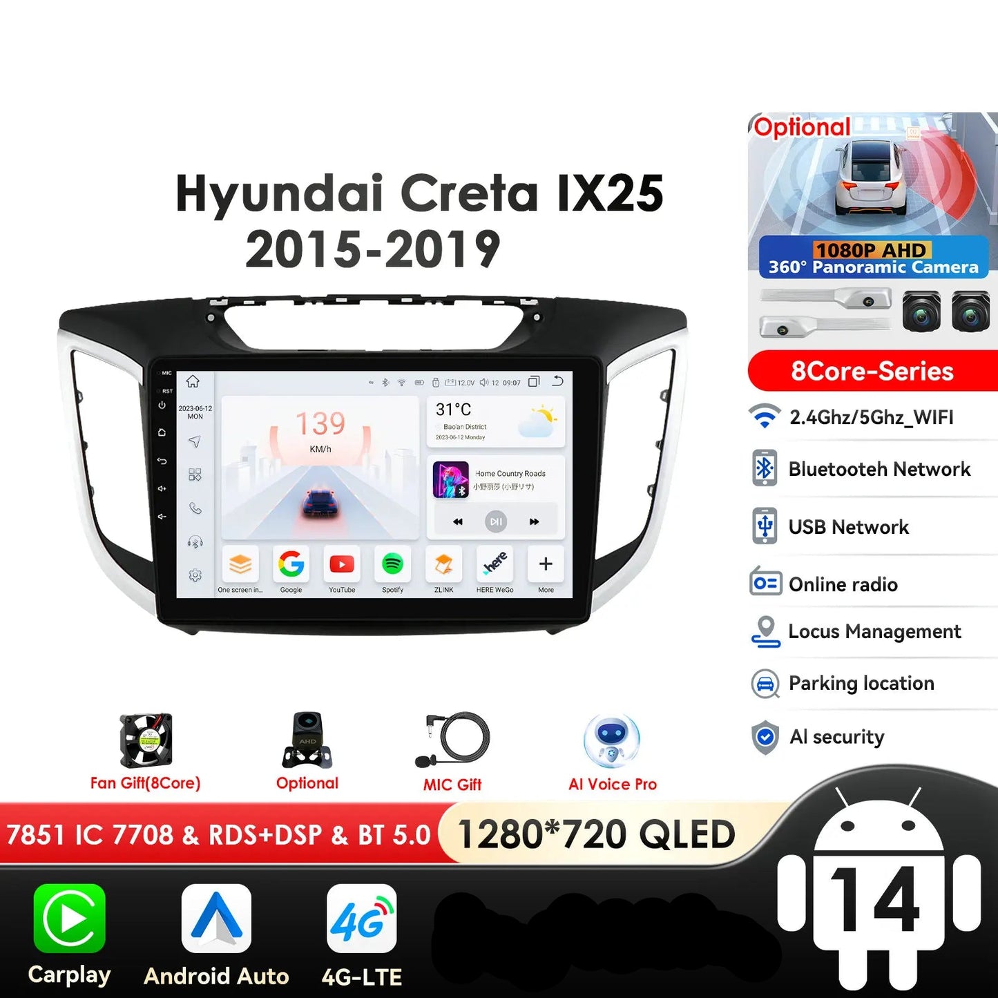 Hyundai Creta Ix25 2015 - 2019 10,1" Android 14 Carplay Android auto wireless wifi bt gps 4g AUTM4S9U
