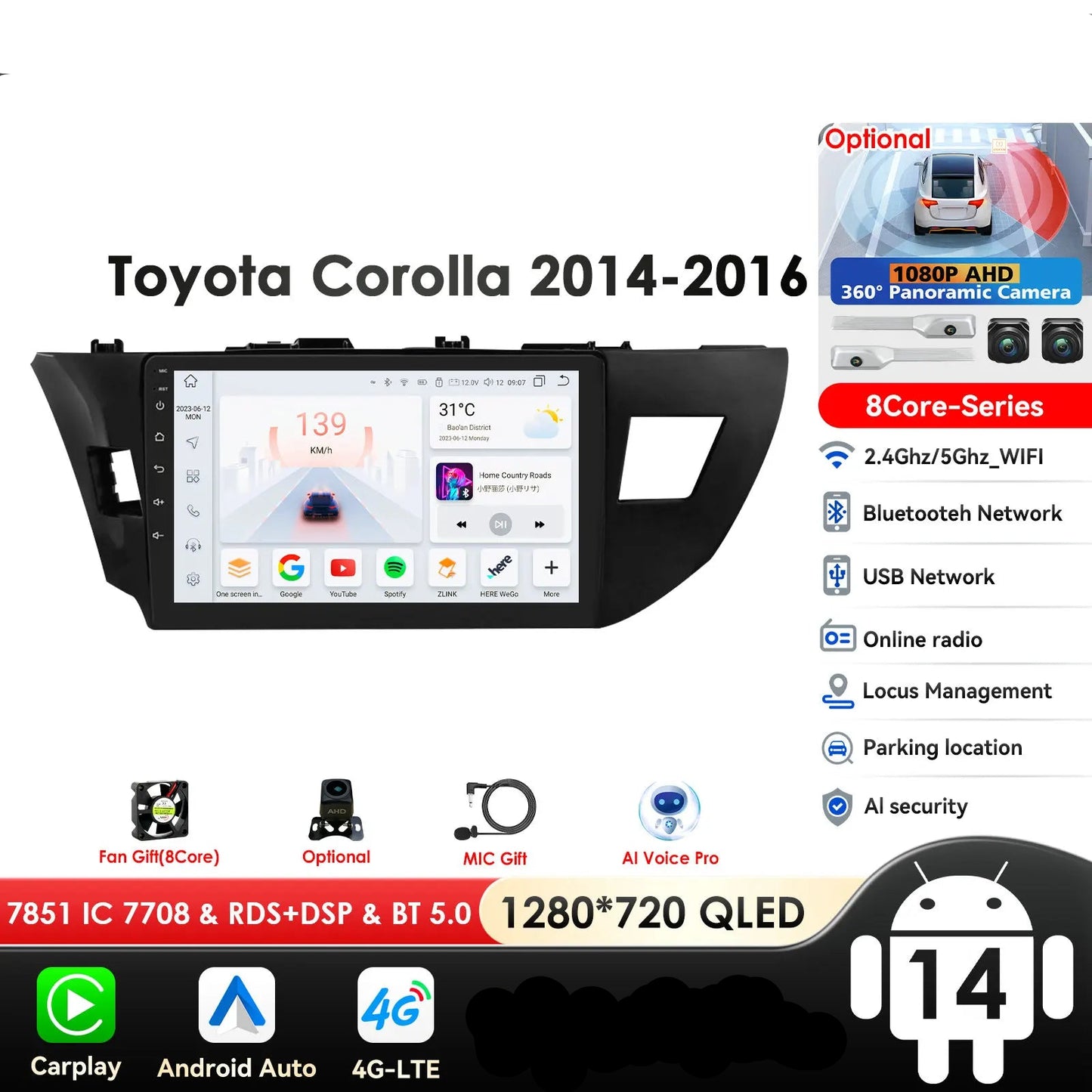 Toyota Corolla 2014-2016 9" Android 14 Carplay Android auto wireless wifi bt gps 4g AUTMCOPZT