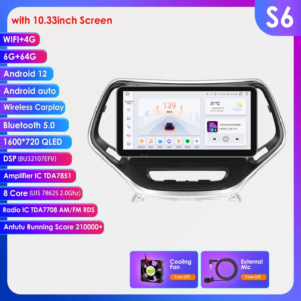 Jeep Cherokee 5 KL 2015 - 2018 9" / 10,33" Android 14 Carplay Android auto wireless wifi bt gps 4g AUTMHSWS