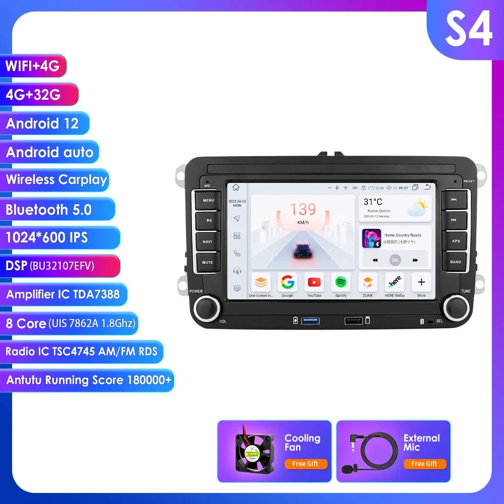 VW / Volkswagen Golf 5 6 Passat B7 B6 Skoda Seat Octavia Polo Tiguan Jetta 7" Android 14 Carplay Android auto wireless wifi bt gps 4g AUTM69U1