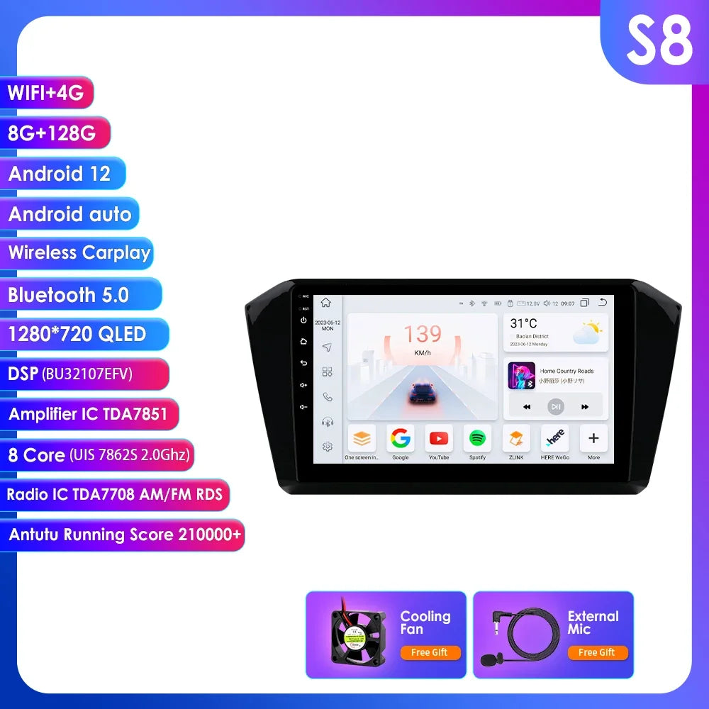 VW Passat B8 2014 -2023 10,1" Android 14 Carplay Android auto wireless wifi bt gps 4g AUTMP6CD