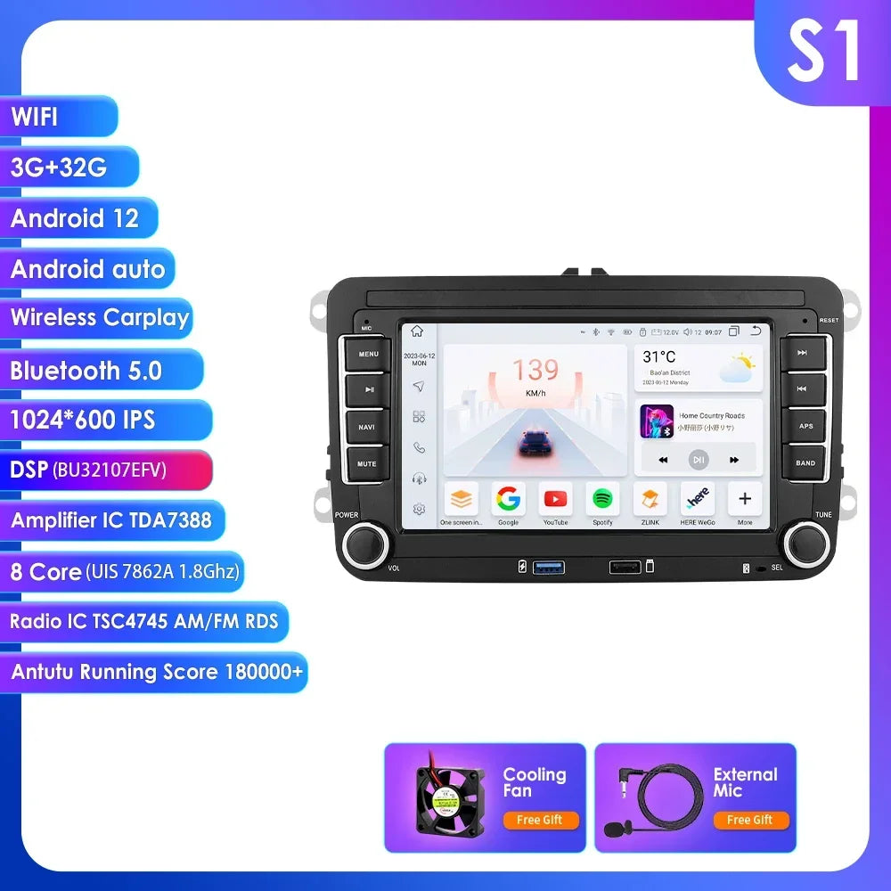 VW / Volkswagen Golf 5 6 Passat B7 B6 Skoda Seat Octavia Polo Tiguan Jetta 7" Android 14 Carplay Android auto wireless wifi bt gps 4g AUTM69U1