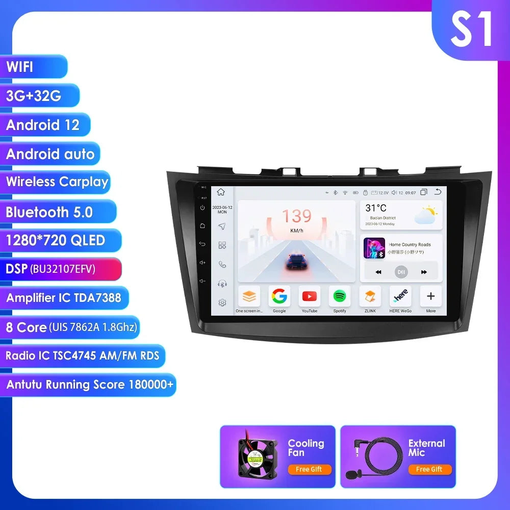 Suzuki Swift 4 2011-2015 9" Android 14 Carplay Android auto wireless wifi bt gps 4g AUTMSCNB
