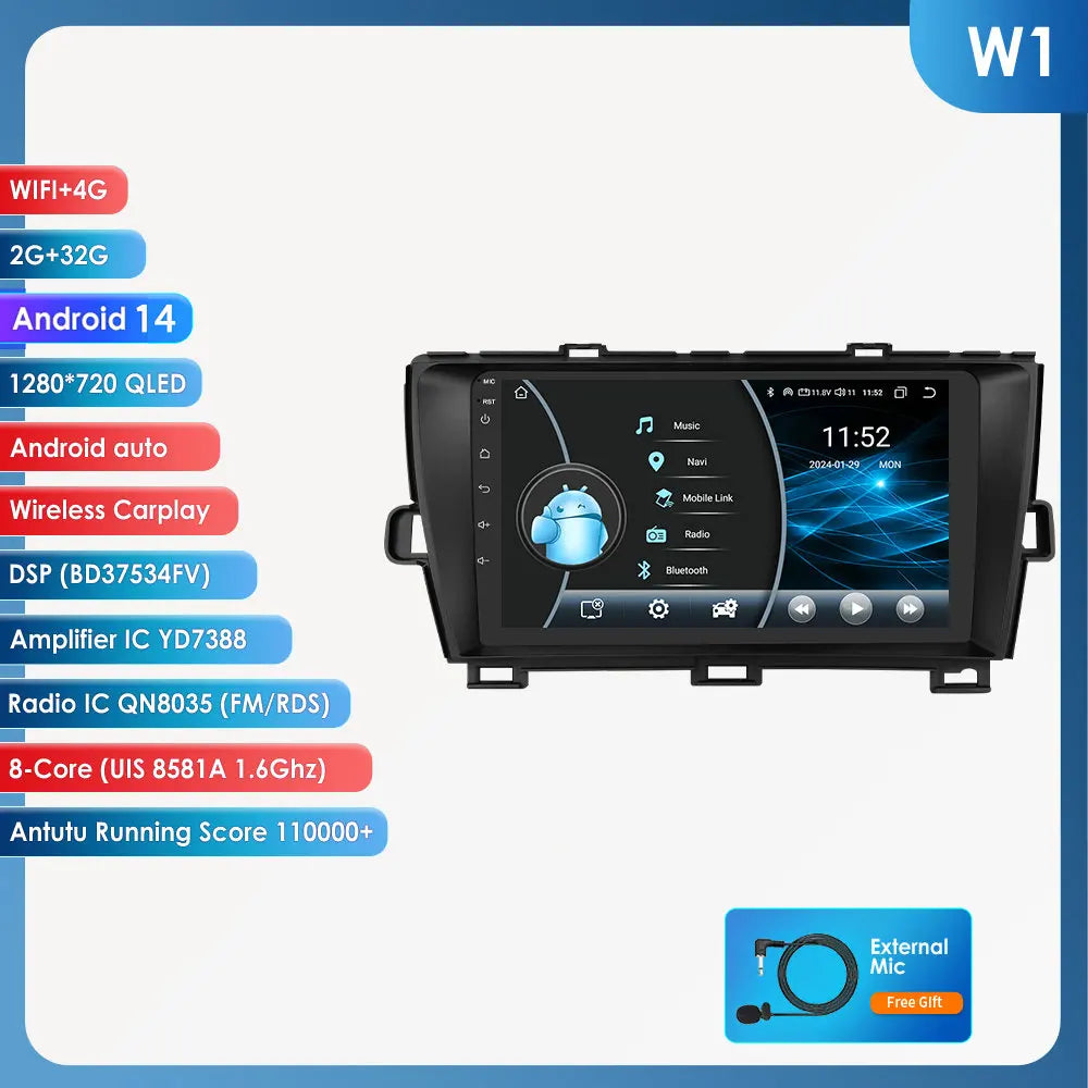 Toyota Prius XW30 2009-2015 9"Android 14 Carplay Android auto wireless wifi bt gps 4g RDS AUTMTAPY