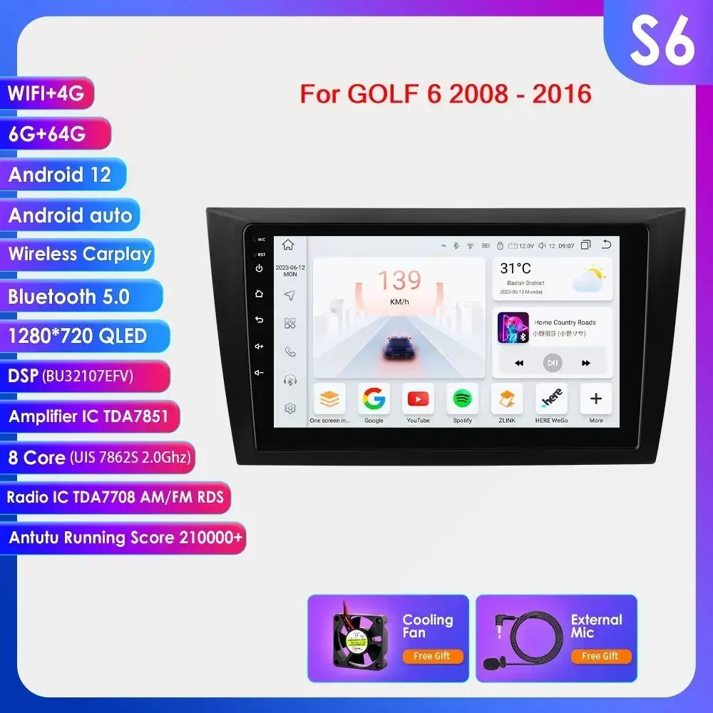 Volkswagen Golf 6 2008 - 2016 9" Android 14 Carplay Android auto wireless wifi bt gps 4g AUTM2L0X