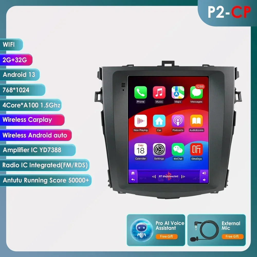 Toyota Corolla E140 / E150 2006 - 2013 9.7" Android 14 Carplay Android auto wireless wifi bt gps 4g CRLTYTE2