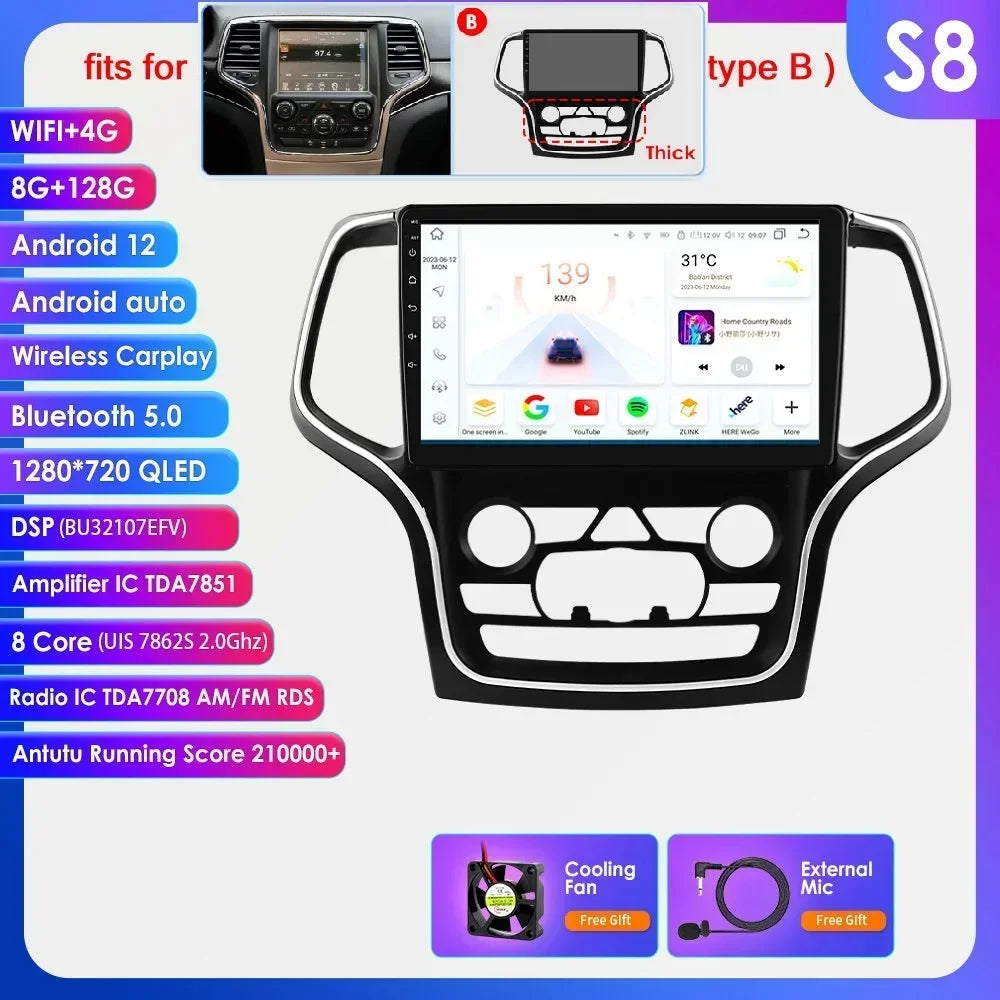 Jeep Grand Cherokee WK2 2014-2022 9" Android 14 Carplay Android auto wireless wifi bt gps 4g AUTMFH0Y