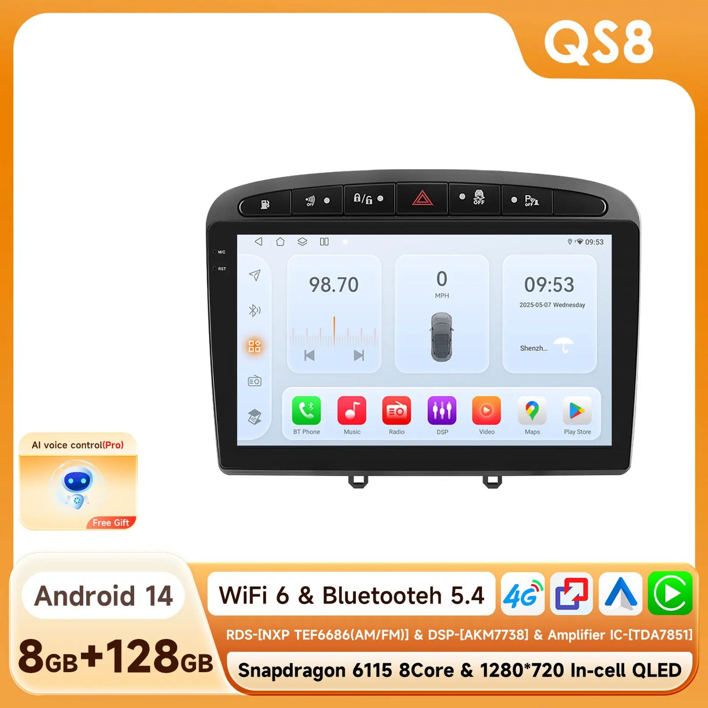 Peugeot 308 308SW Peugeot 9" Android 14 Carplay Android auto wireless wifi bt gps 4g AUTMAJNZ