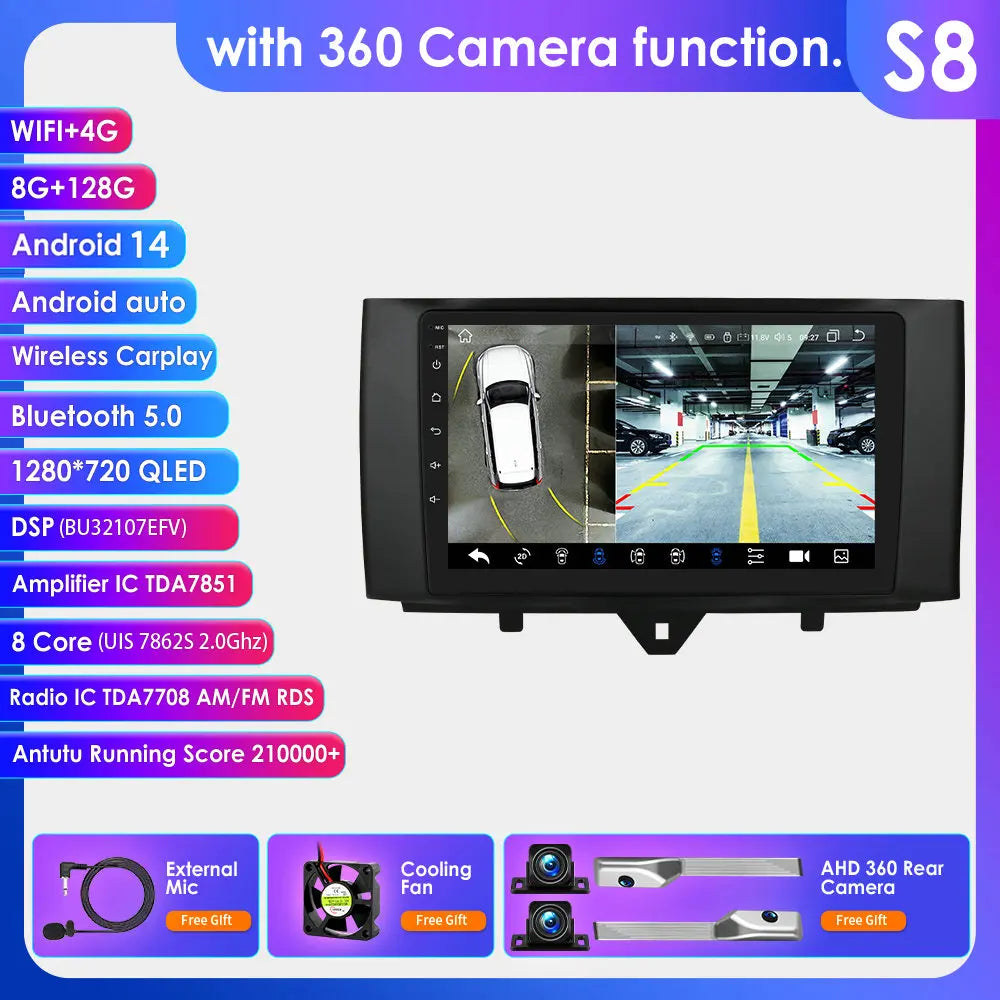 Smart Fortwo 2011-2015 9" Android 14 Carplay Android auto wireless wifi bt gps 4g AUTMD7M1