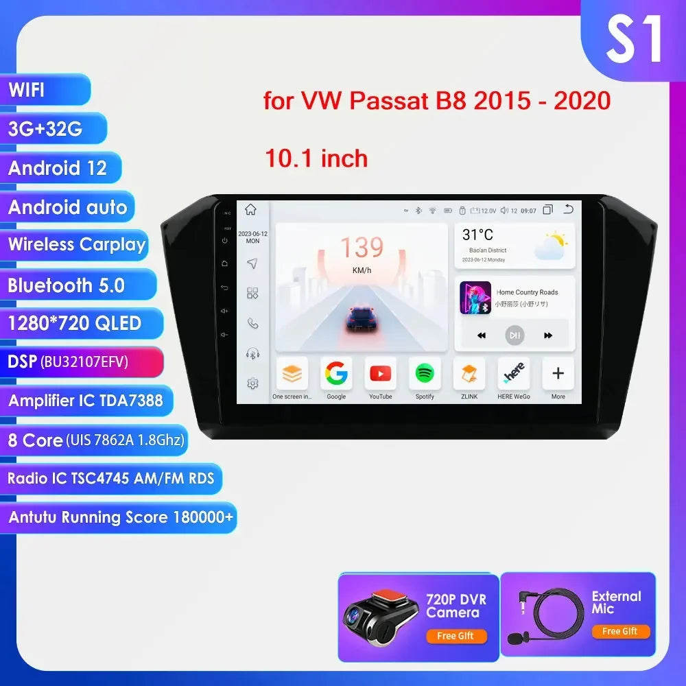 VW Passat B8 2014 -2023 10,1" Android 14 Carplay Android auto wireless wifi bt gps 4g AUTMP6CD