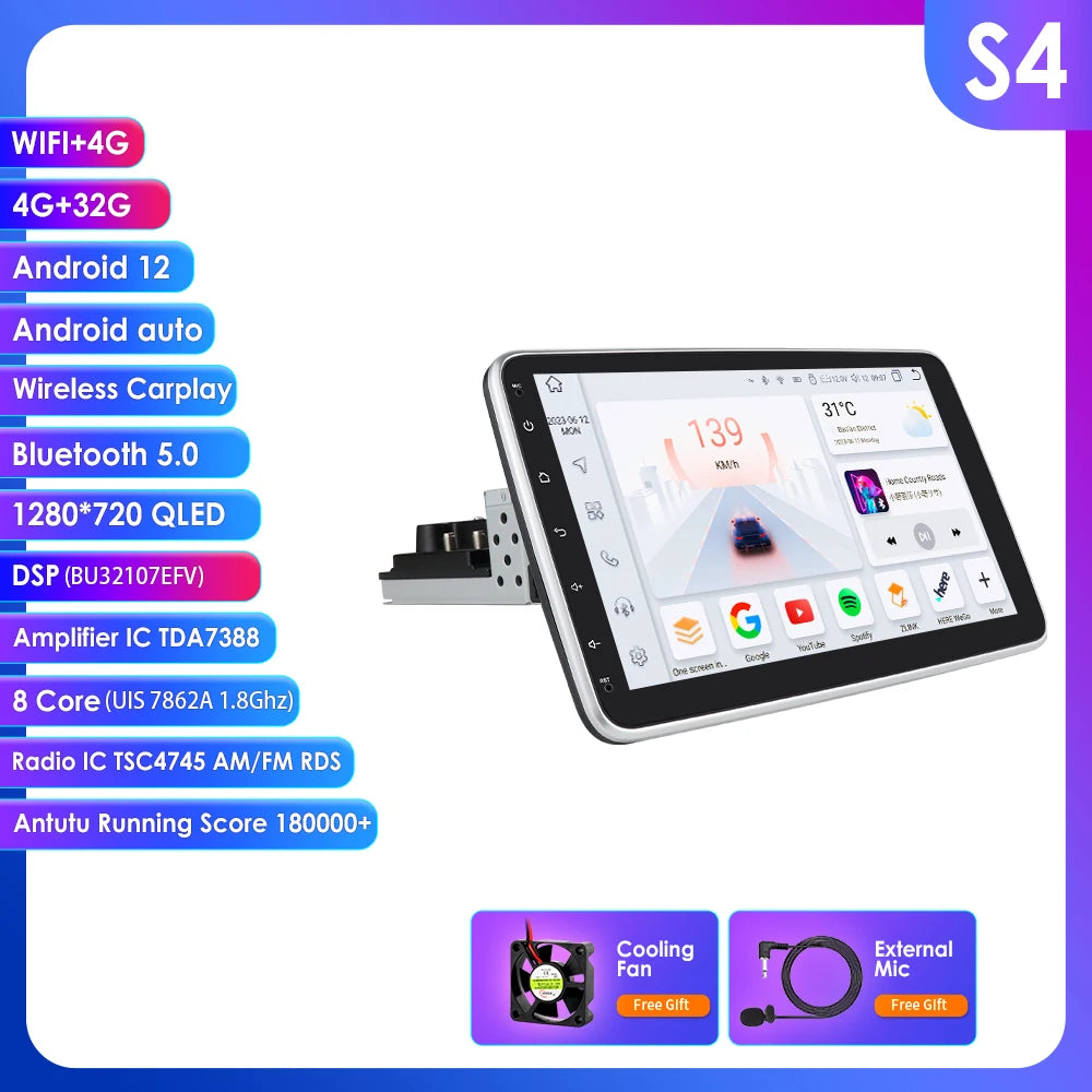10.1" 1Din Universale Android 14 girevole a 360° Carplay Android auto wireless Radio RDS 4G DSP GPS Nav BT AUTMUNI10