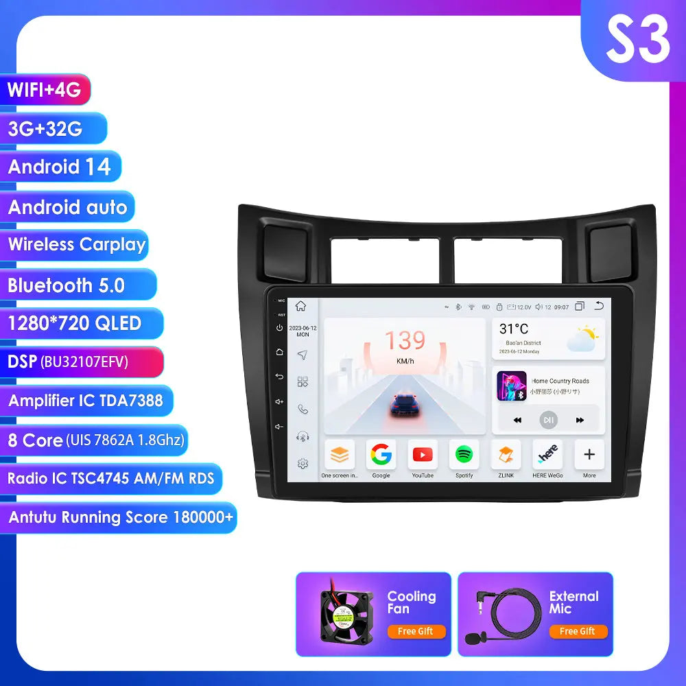Toyota Yaris 2005-2012 9" Android 14 Carplay Android auto wireless wifi bt gps 4g AUTMT2N6