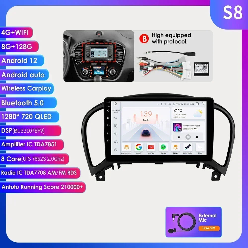 Nissan Juke YF15 2010-2014 9" Android 14 Carplay Android auto wireless wifi bt gps 4g AUTMKJSN