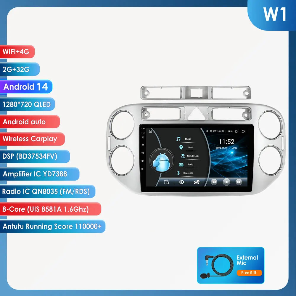 VW Volkswagen Tiguan 2006-2016 9" Android 14 Carplay Android auto wireless wifi bt gps 4g AUTMKZ2Q
