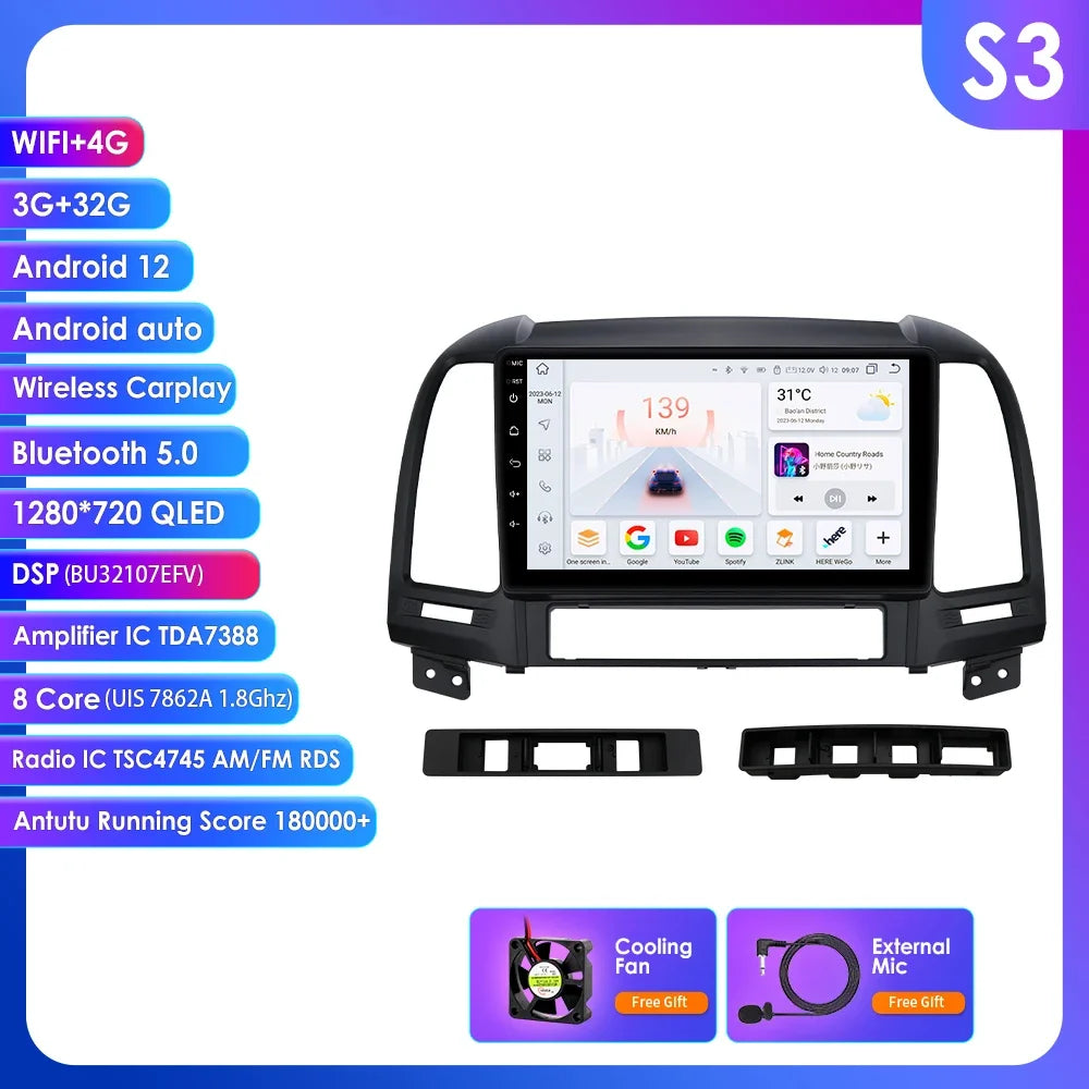 Hyundai Santa Fe 2 2006 - 2012 9" Android 14 Carplay Android auto wireless wifi bt gps 4g AUTMC8Y7