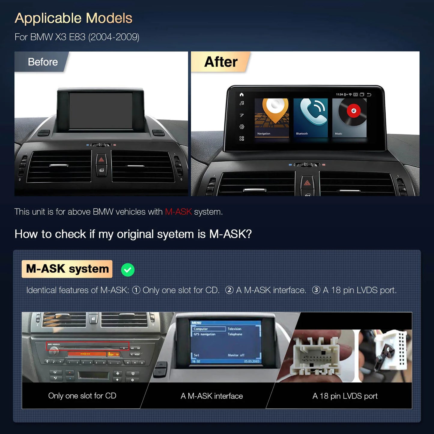 BMW X3 E83 10.25'' M-ASK System Android 13 Qualcomm Car Multimedia Player CarPlay Android Auto DSP 4+64 QPBS13X3MK