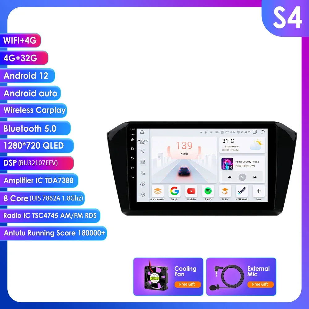 VW Passat B8 2014 -2023 10,1" Android 14 Carplay Android auto wireless wifi bt gps 4g AUTMP6CD