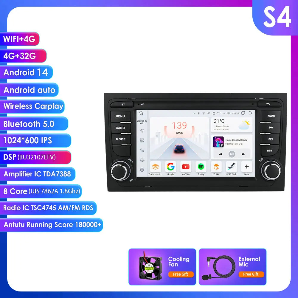 Audi A4 B9 B8 B7 B6 S4 RS4 SEAT Exeo 200-2008 7" Android 14 Carplay Android auto wireless wifi bt gps 4g AUTM1EB1