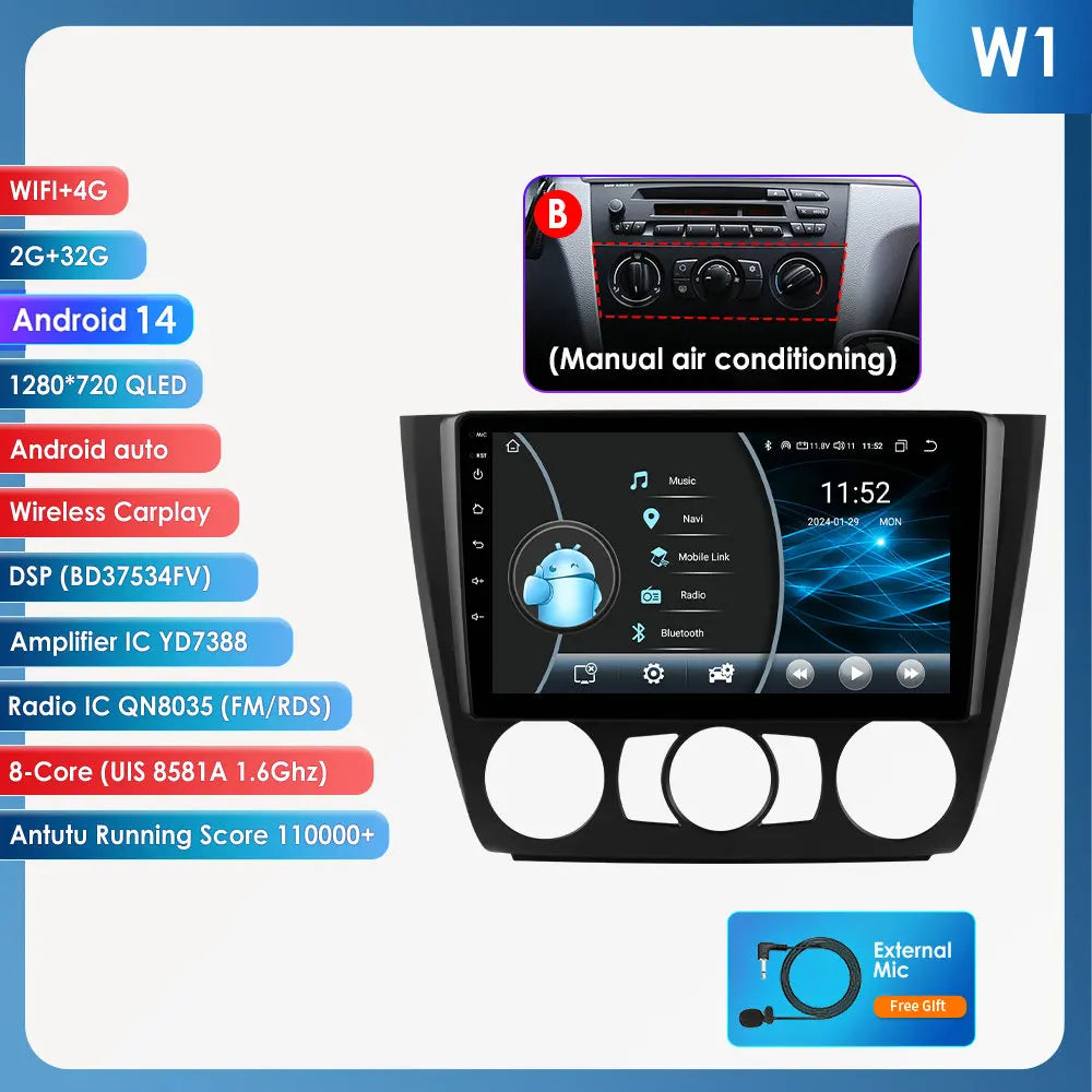 BMW 1 Series E81 E82 E87 E88 2004-2011 9" Android 14 Carplay Android auto wireless wifi bt gps 4g AUTM9KFA