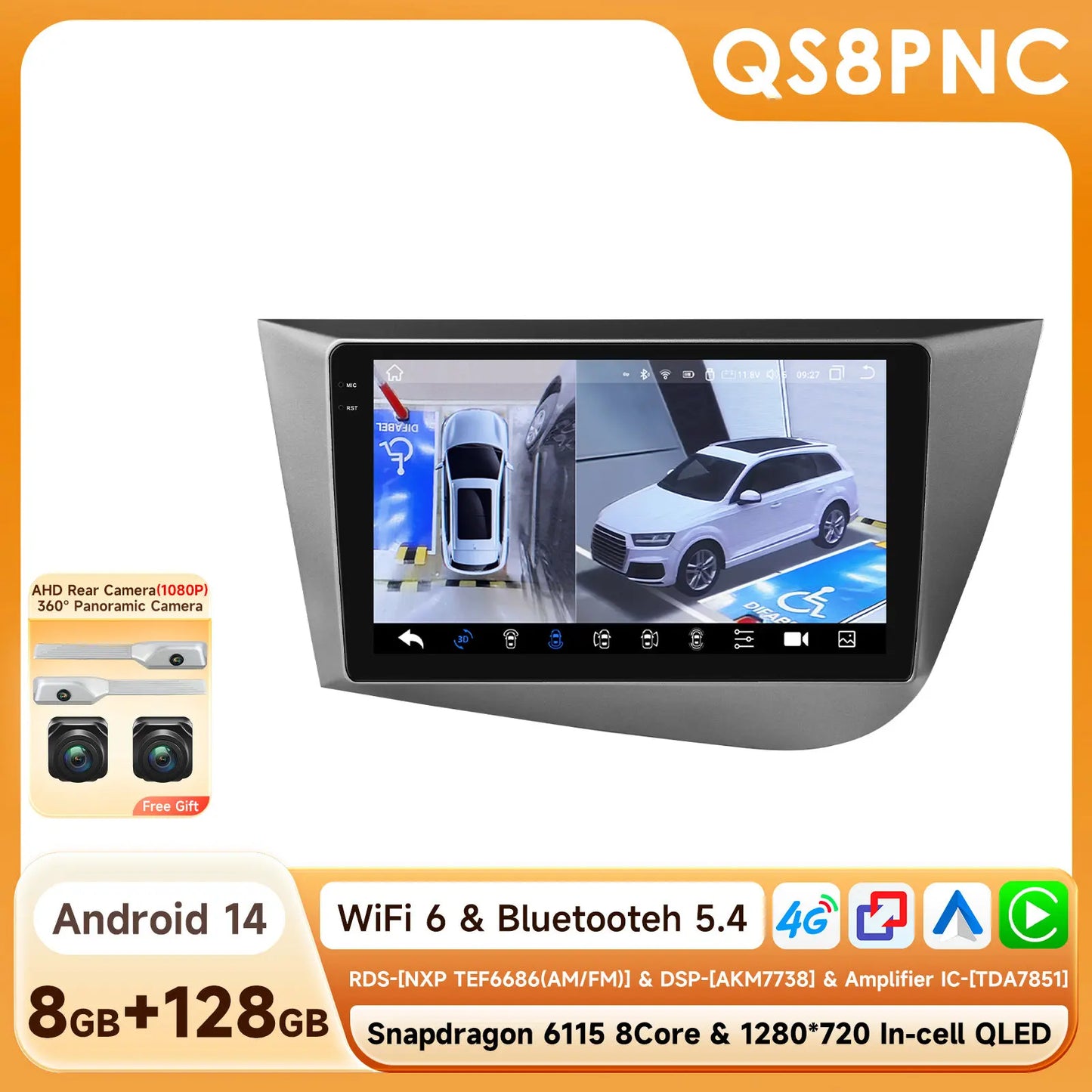 Seat Leon 2 MK2 2005 - 2012 9" Android 14 Carplay Android auto wireless wifi bt gps 4g AUTMJ9VX
