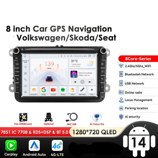 Volkswagen Golf Passat b7 b6 Skoda Seat Octavia Polo Tiguan Jetta 8" Android 14 Carplay Android auto wireless wifi bt gps 4g  AUTMYJQG
