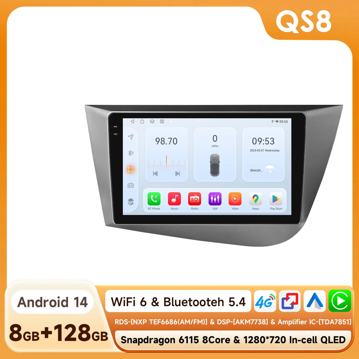 Seat Leon 2 MK2 2005 - 2012 9" Android 14 Carplay Android auto wireless wifi bt gps 4g AUTMJ9VX