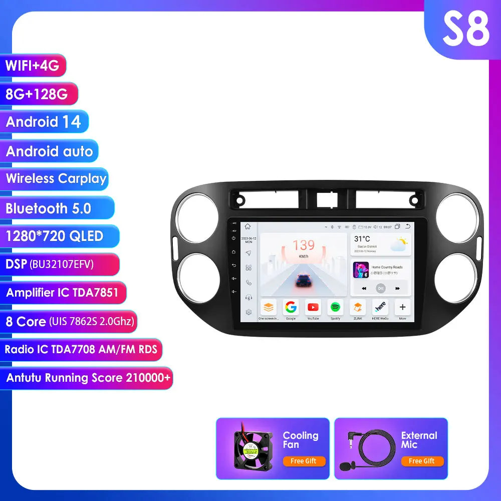 VW Volkswagen Tiguan 2006-2016 9" Android 14 Carplay Android auto wireless wifi bt gps 4g AUTMKZ2Q