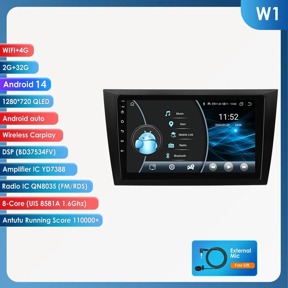 Volkswagen Golf 6 2008 - 2016 9" Android 14 Carplay Android auto wireless wifi bt gps 4g AUTM2L0X