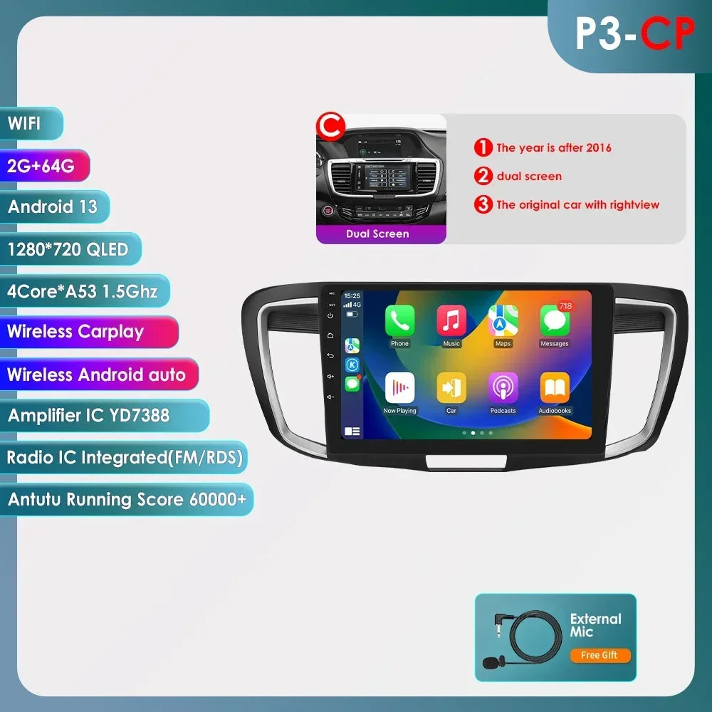 Honda ACCORD 9 2.0L 2.4L 2012 -2018 9" Android 14 Carplay Android auto wireless wifi bt gps 4g AUTMA22DH