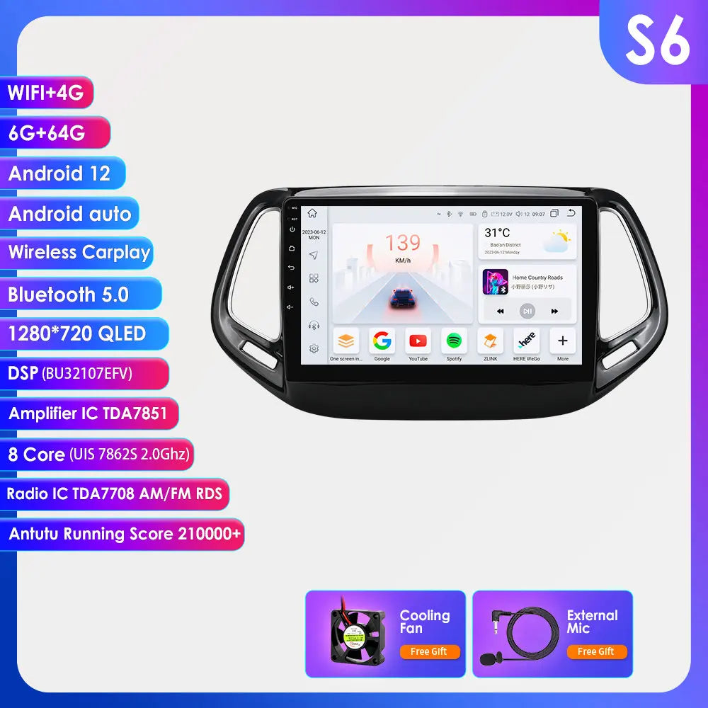 Jeep Compass 2017 -2020 10" Android 14 Carplay Android auto wireless wifi bt gps 4g AUTM4RUA