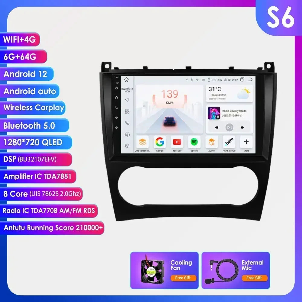 Mercedes Benz CLC W203 C-Class C180 C200 CLK200 CLK W209 9" / 10,33" Android 14 Carplay Android auto wireless wifi bt gps 4g AUTMNWKX