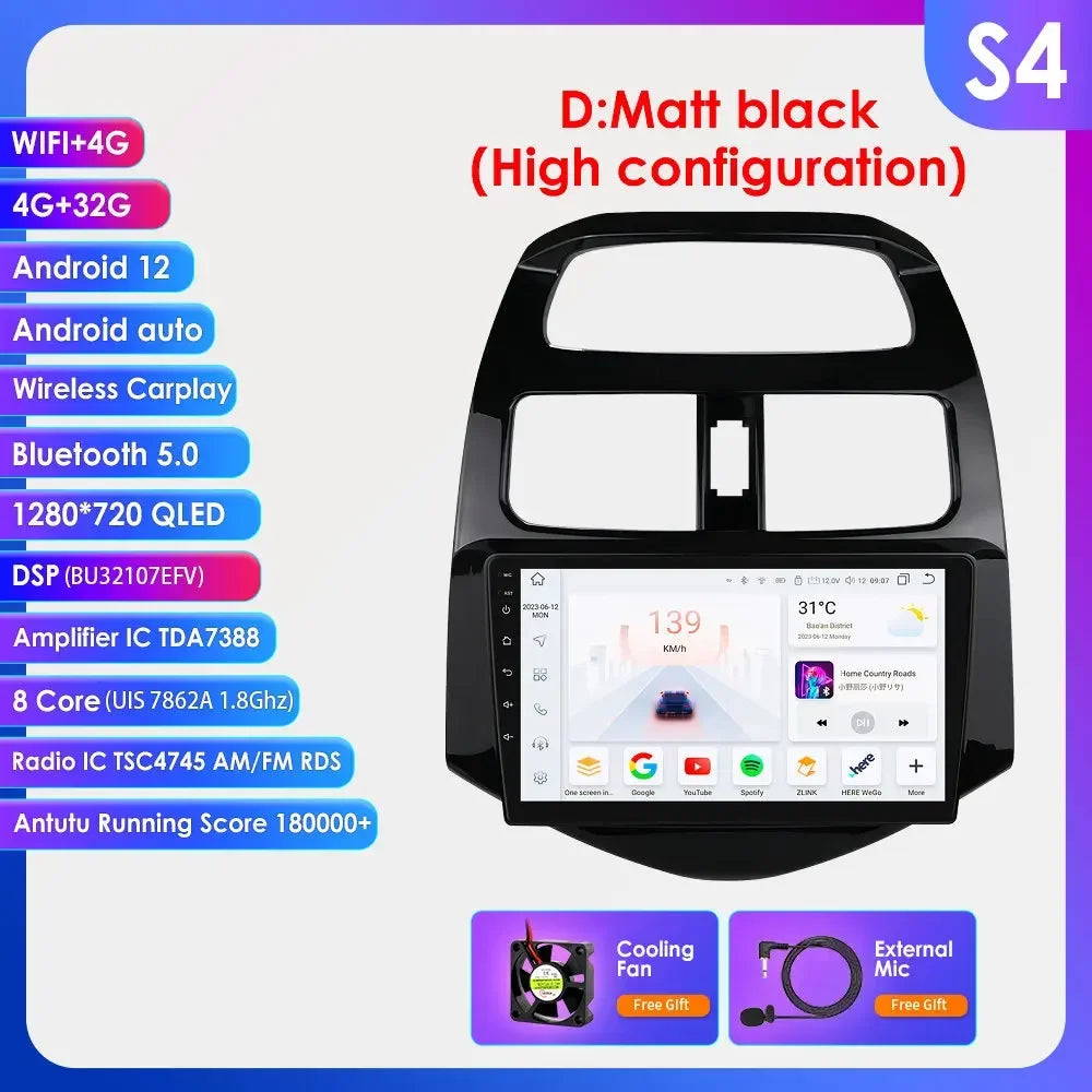 Chevrolet Spark Beat Matiz Creative 2010-2014 9" Android 14 Carplay Android auto wireless wifi bt gps 4g AUTMTPT1