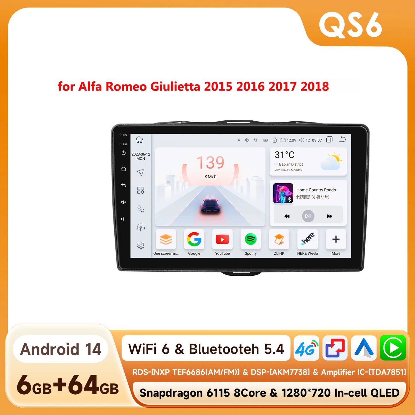 Alfa Romeo Giulietta 2010-2018 9" Android 14 Carplay Android auto wireless wifi bt gps 4g AUTMPK52