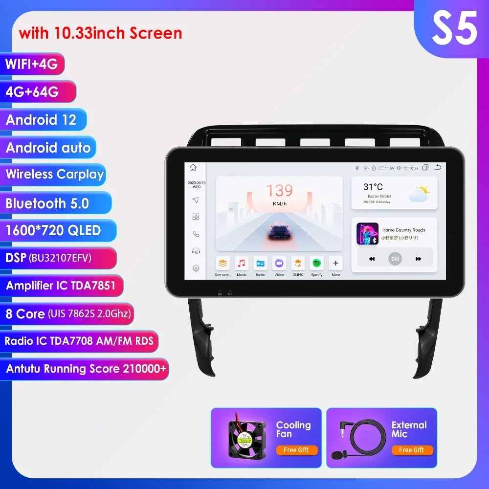 Porsche Cayenne 2002 - 2010 9" Android 14 Carplay Android auto wireless wifi bt gps 4g AUTM29SA