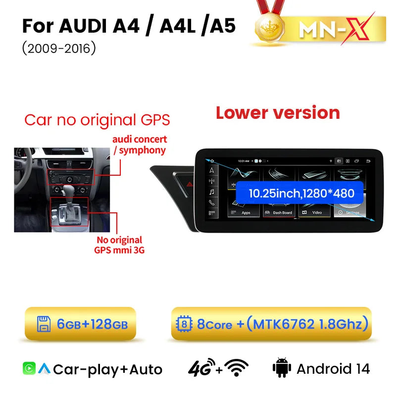 Audi A4 A4L A5 B8 2009-2016 10,25" Android 14 Stereo Car Smart System Wireless CarPlay Wireless Android Auto Multimedia Video Player Display 4G WiFi BT AUTMAI1Y
