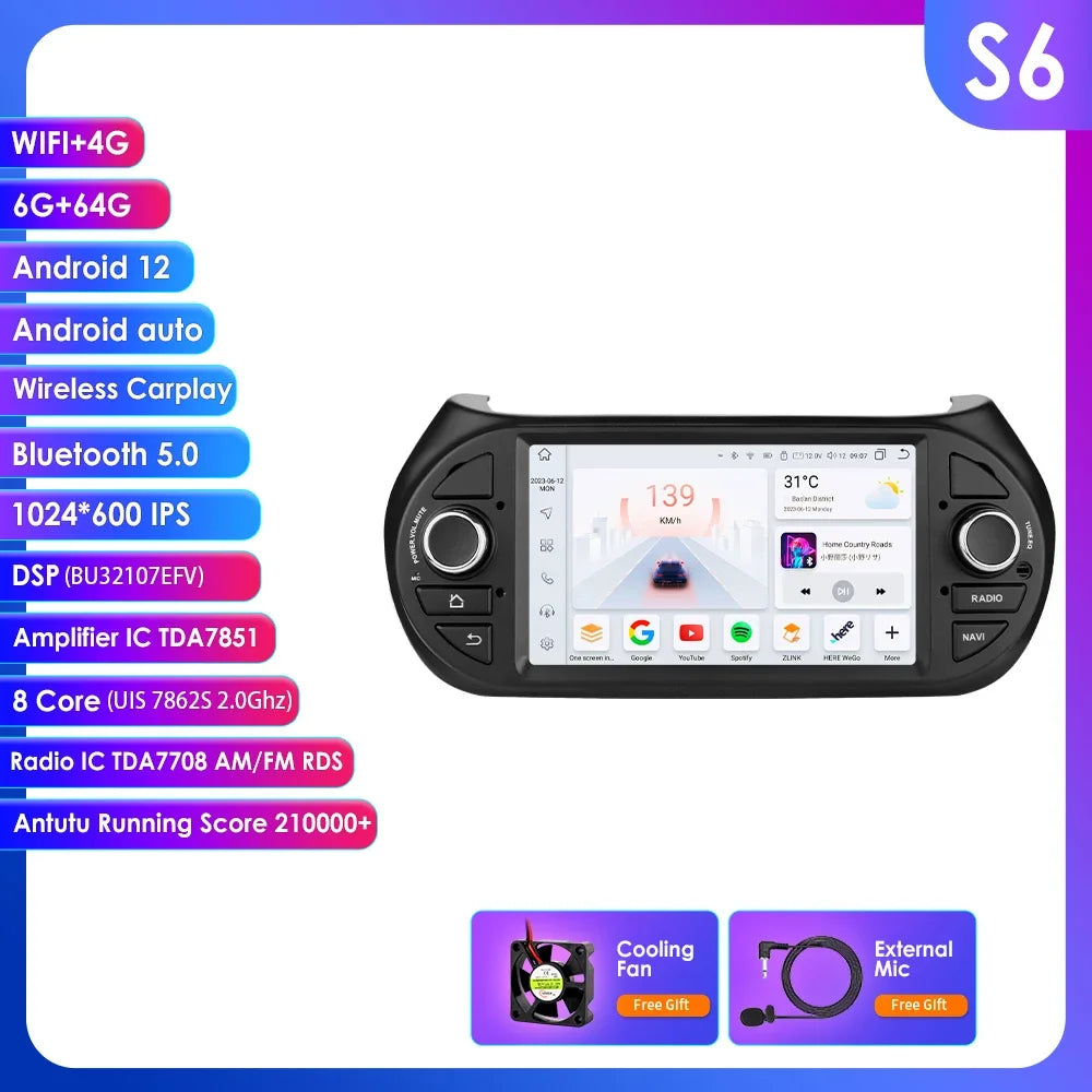 Fiat Qubo/ Fiorino / Citroen Nemo / Peugeot Bipper 7" Android 14 Carplay Android auto wireless wifi bt gps 4g AUTMZVQA