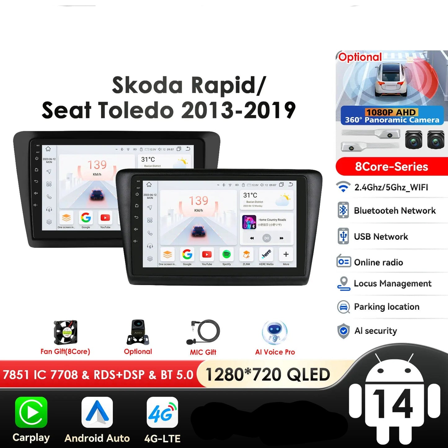 Skoda Rapid Seat Toledo 2013-2019 9" Android 14 Carplay Android auto wireless wifi bt gps 4g AUTM0KRI