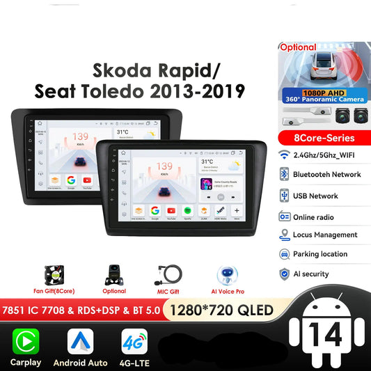 Skoda Rapid Seat Toledo 2013-2019 9" Android 14 Carplay Android auto wireless wifi bt gps 4g  AUTM0KRI