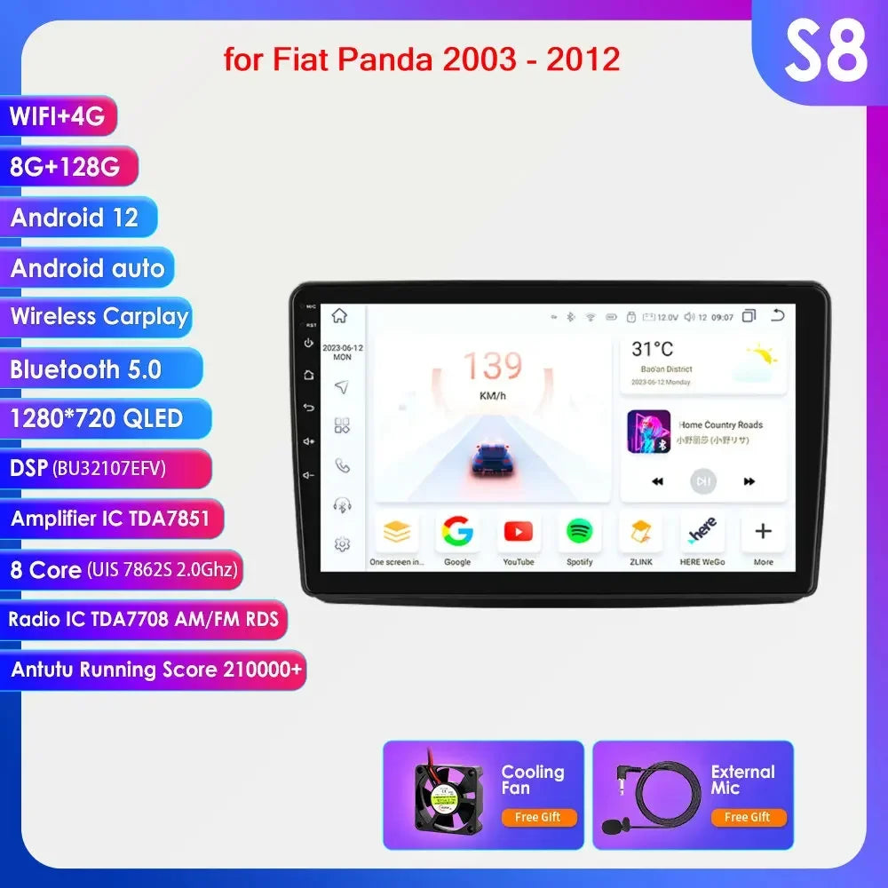 Fiat Panda 2003 - 2012 9" Android 14 Carplay Android auto wireless wifi bt gps 4g AUTMWUM9